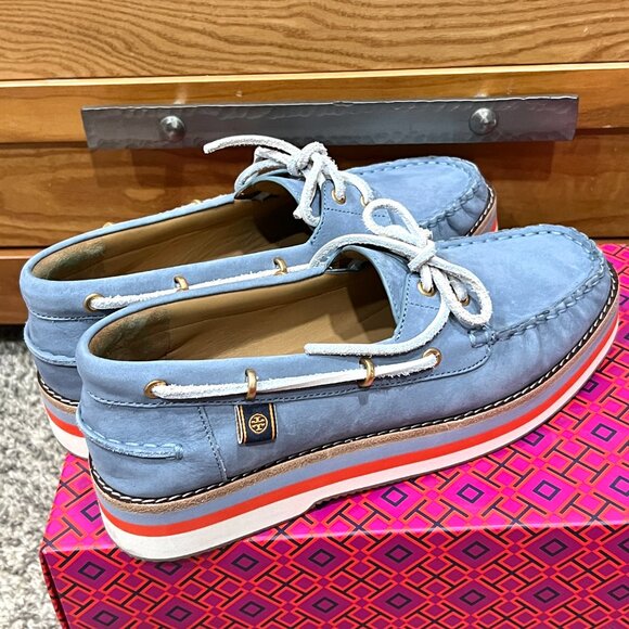 Tory Burch Joey Platform Boat Shoes Nubuck Blue Leather NEW in Box Women's 9.5 - Picture 9 of 14